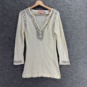Pout Sweater Pullover Women L Large Beige Knit Sequin V-Neck Long Sleeve Button